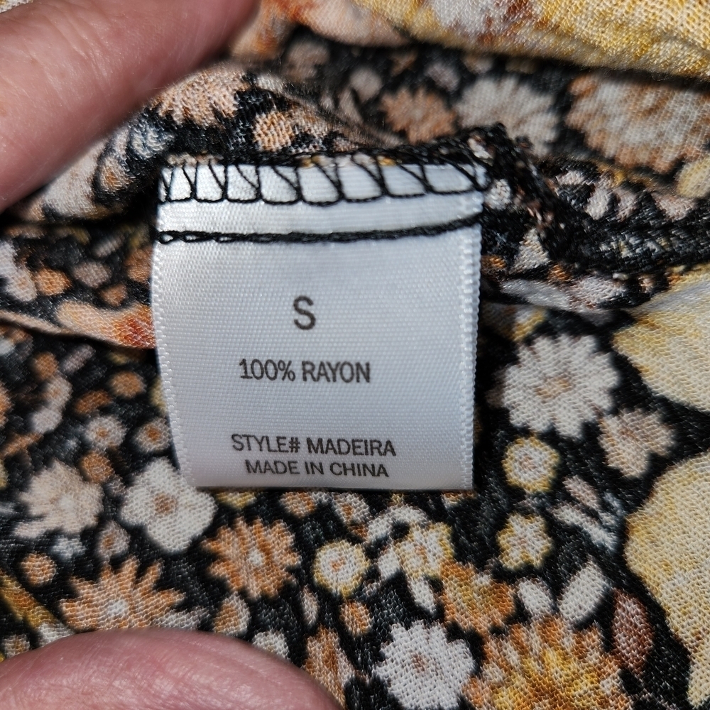 NWT Miami Yellow Brown & Black Floral Blouse Front Tie Size S Bell Long Sleeves - Picture 9 of 10